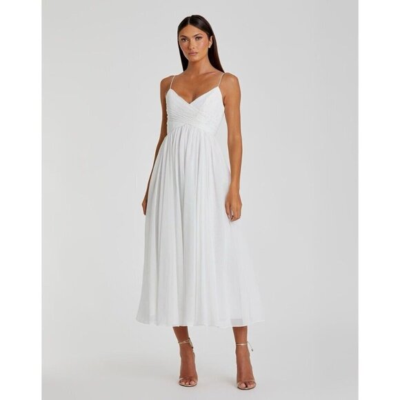 MAC DUGGAL Size XS White Faux Wrap Sleeveless Flowy Midi Dress NEW - Picture 1 of 9